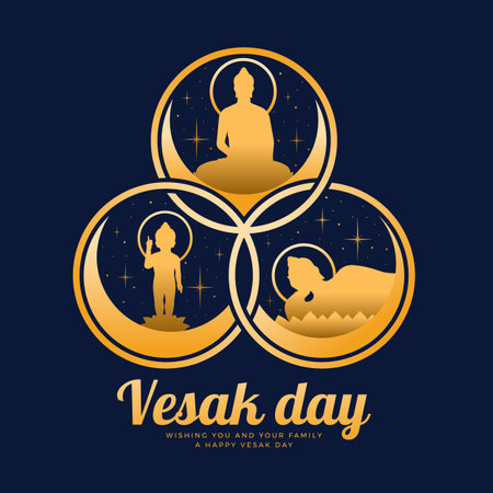 Vesak day The golden three events of buddha are nativity enlightenment and nirvana in ring cross on dark blue background vector designのイラスト素材