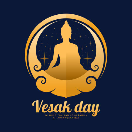 Vesak day - The golden buddha meditation in circle curve frame and star light around on dark blue background vector designのイラスト素材