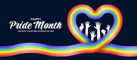 Happy pride month - Hands raised in rainbow pride flag with heart ribbon shape on dark background vector designのイラスト素材