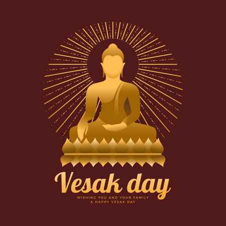 Vesak day - The golden buddha meditation on lotus and circle radiate with dashed line around on red brown background vector designのイラスト素材