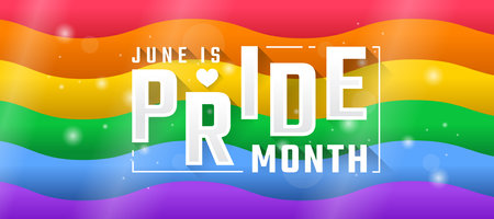 June is pride month text on rainbow pride flag with waving background and bokeh and light around vector designのイラスト素材