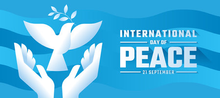 International day of peace - White both hands are letting the dove of peace to fly on blue wave texture background vector designのイラスト素材