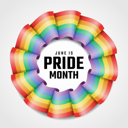 June is pride month - Text in Rainbow pride flag with waving rolling to circle frame shape vector designのイラスト素材