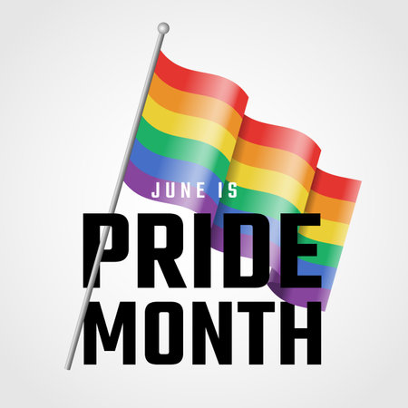 June is pride month - Text and Rainbow pride flag with waving on pole vector designのイラスト素材
