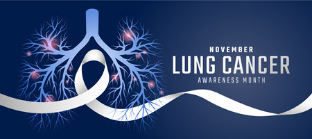 November, lung cancer awareness month - White long ribbon waving to Blue lung with root sign and red dot light around on dark blue background vector designのイラスト素材