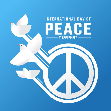 International day of peace - Group white peace bird flying up from circle peace sign on blue background vector designのイラスト素材