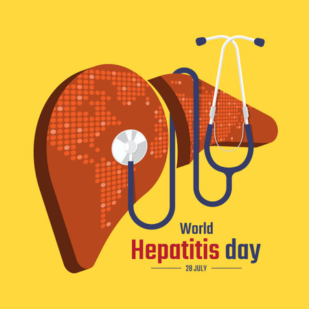 World Hepatitis Day - 3D Liver block with dot world map texture sign and stethoscope rolling around on yellow background vector designのイラスト素材