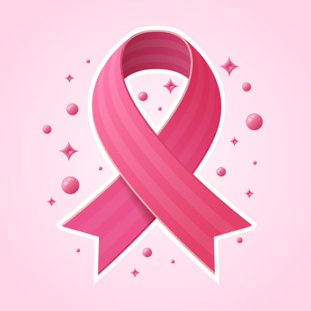 Pink ribbon for Breast cancer awareness month in white border with pink bubble and star around on soft pink background vector designのイラスト素材