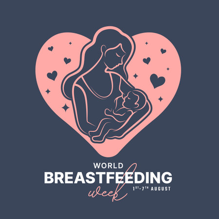 World Breastfeeding Week (WBW) - banner drawing line pink mom breastfeeding baby in heart sign on blue purple background vector designのイラスト素材