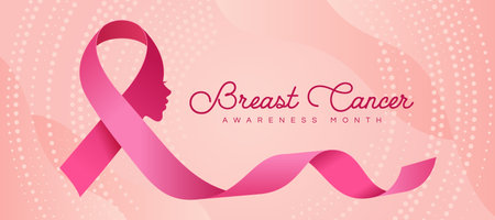 Breast cancer awareness month Text and Pink ribbon awareness sign with woman face shape on soft rose pink dot texture background vector designのイラスト素材