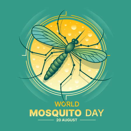 World mosquito day - Mosquito sign on yellow circle with line focus around on green background vector designのイラスト素材