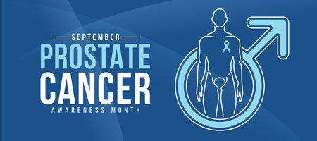 September is Prostate cancer awareness month - white line man and prostate sign in light blue male symbol on blue background vector designのイラスト素材