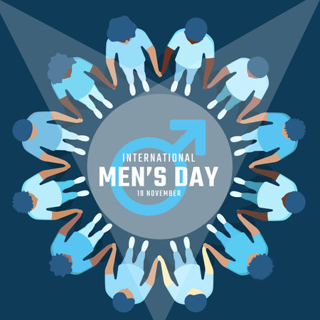 International men's day - Group of men stand and hand hold hand circle around male symbol and text with sportlight on dark blue background vector designのイラスト素材