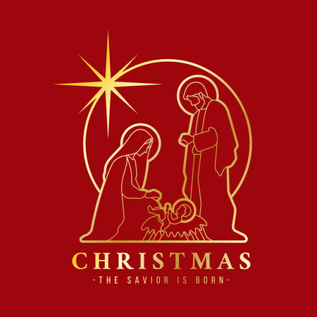 Christmas the savior is born Gold line The Nativity with mary and joseph in a manger with baby Jesus in circle star light on red background vector designのイラスト素材