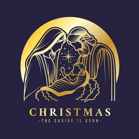 Christmas, the savior is born - Gold line The Nativity with mary and joseph in a manger with baby Jesus and stars light in circle and dark blue background vector designのイラスト素材