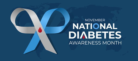 November, National diabetes awareness month - Blue and gray ribbon cross and features a blood drop symbol on world map dark blue background vector designのイラスト素材