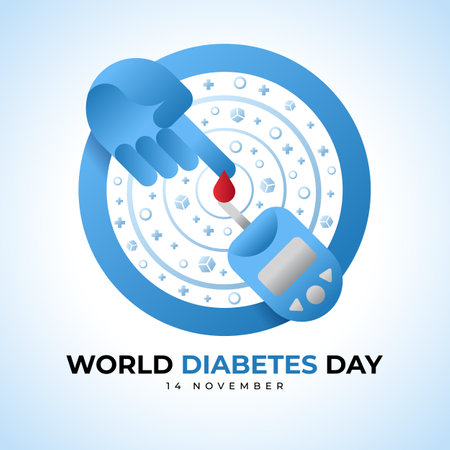 World diabetes day - Diabetes Blood Glucose Meter and hand with drop blood on blue ring circle vector designのイラスト素材