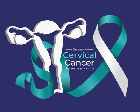 Cervical Cancer Awareness Month - Teal white ribbon awareness sign roll cross 3D uterine sign on dark blue background vector designのイラスト素材