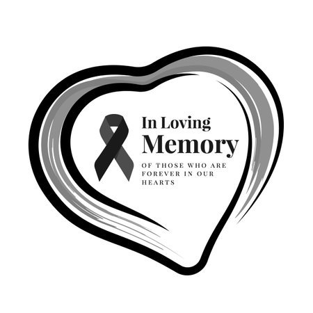 In loving memory text and black ribbon sign in heart frame with line brush style vector designのイラスト素材