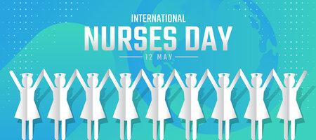 International Nurses day - White paper cutout nurse group on blue green globe texture background vector designのイラスト素材