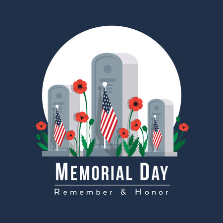 Memorial Day Of USA - Veterans Cemetery with american flag and red poppy flower plant around in white circle on blue background vector designのイラスト素材