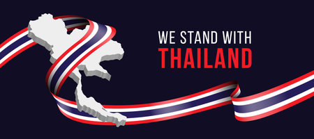 We stand with thailand - Text and long thailand nation flag rolling cross 3D thailand map on dark blue background vector designのイラスト素材