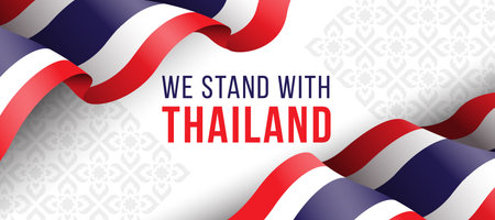 We stand with thailand - Text and thailand nation flag waving top and bottom corners on thai art texture background vector designのイラスト素材