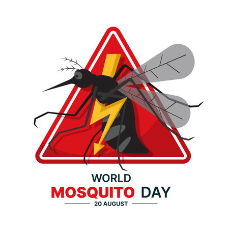 World mosquito day - Black mosquito charector cross yellow thunder sign in red rounded triangle banner vector designのイラスト素材