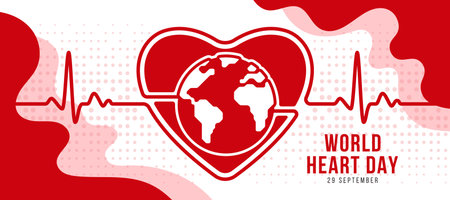 World heart day - Red line Heart rhythm wave connect globe world sign in heart shape on dot and curve texture background vector designのイラスト素材