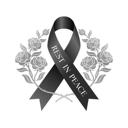 Black ribbon with Rest in peace text and bouquet of roses crossed around vector designのイラスト素材