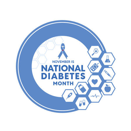 National diabetes Month - Text and blue ribbon sign in blue circle ring frame with diabetes hexagon icons vector designのイラスト素材