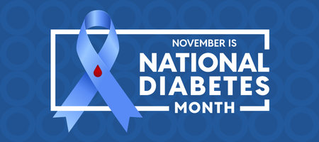 National diabetes Month - Text and blue ribbon with drop red sign in white line frame on blue background vector designのイラスト素材