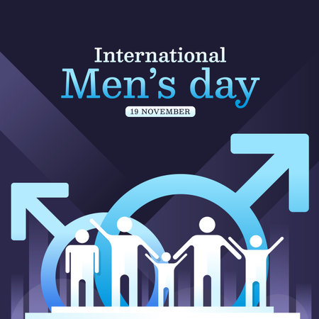 International men's day - Group of man sign stand on stage and blue male symbols on dark purple background vector designのイラスト素材