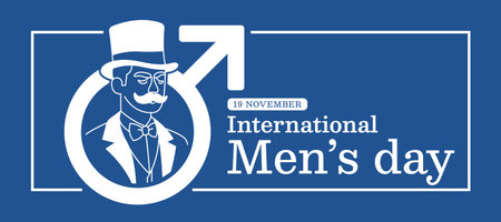 International men's day - White line gentleman in male symbol in line frame on blue background vector designのイラスト素材