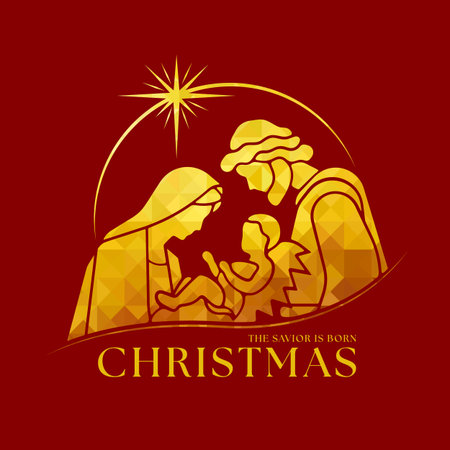 Christmas the savior is born - The Nativity with mary and joseph in a manger with baby Jesus in line circle and star light with abstract gold low poly texture on red background vector designのイラスト素材