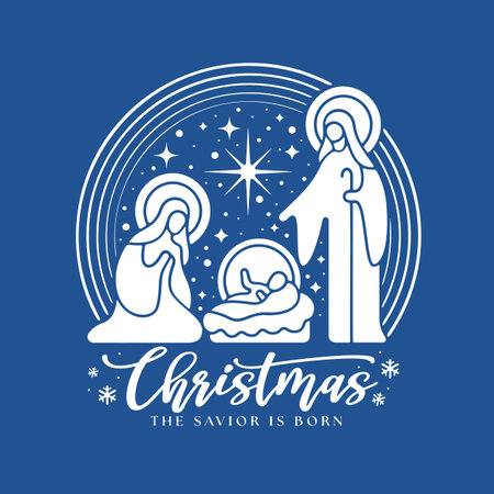 Christmas the savior is born White The Nativity with mary and joseph in a manger with baby Jesus in line circle and star light on blue background vector designのイラスト素材