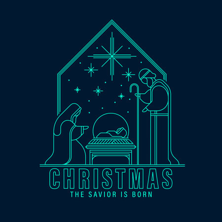 Christmas, the savior is born - Green mint line modern drawing The Nativity with mary and joseph in a manger with baby Jesus at star light on dark blue background vector designのイラスト素材