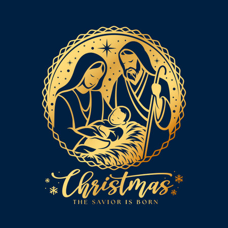 Christmas, the savior is born - Gold circle The Nativity with mary and joseph in a manger with baby Jesus on blue background vector designのイラスト素材