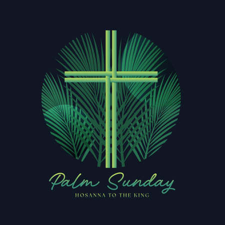 Palm sunday - Green palm leaf cross sign on circle with abstract palm leaves texture on dark blue background vector designのイラスト素材