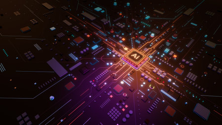 Artificial intelligence processor, Smart microchip, Computer, Data, Technology background, 3D...