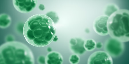 Stem cell, Biotechnology under microscope with depth, Health care medical background, 3d rendering