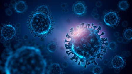 3d rendering of floating Corona Virus covid-19 particles under microscope viewの写真素材