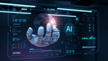 Futuristic HUD with robotic hand holding a glowing globe, Artificial intelligence concept, 3D...