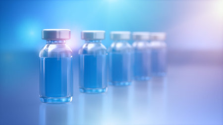 Vaccine bottles on  Line, Rows, Medicine and science concept, 3D renderingの写真素材