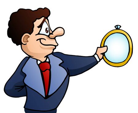 illustration of a businessman observe a mirror on isolated white background の写真素材