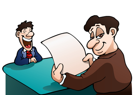 illustration of a reading funny article on isolated white backgroundの写真素材