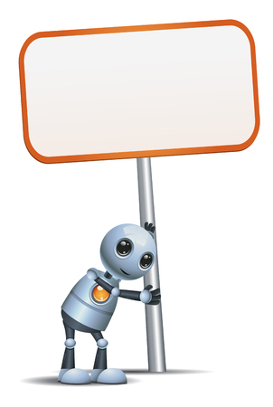 illustration of a happy droid little little robot hold sign on isolated white backgroundの写真素材