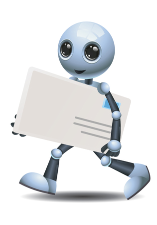 illustration of a happy droid little robot delivering envelope on isolated white backgroundの写真素材