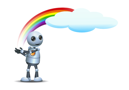illustration of a happy droid little robot hold rainbow on isolated white backgroundの写真素材