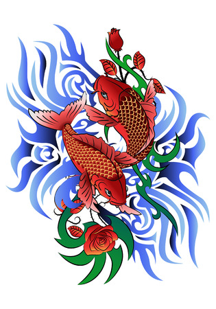 Illustration of a two koi fish on wave tattoo on white backgroundの写真素材